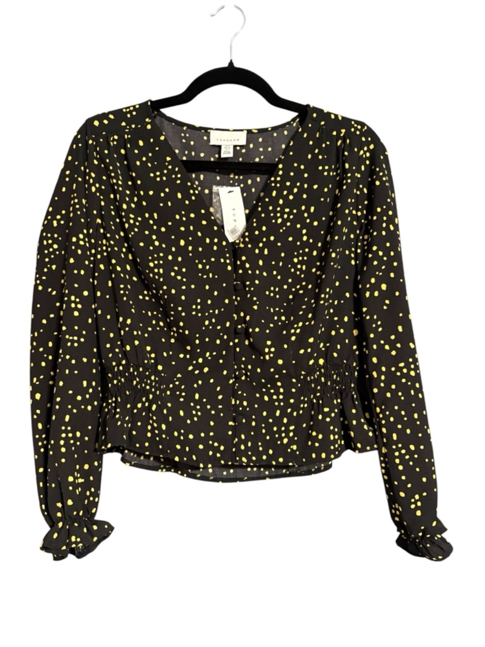 Topshop Women’s Black Long-Sleeve V-Neck Blouse with Yellow Dot Print Size 4